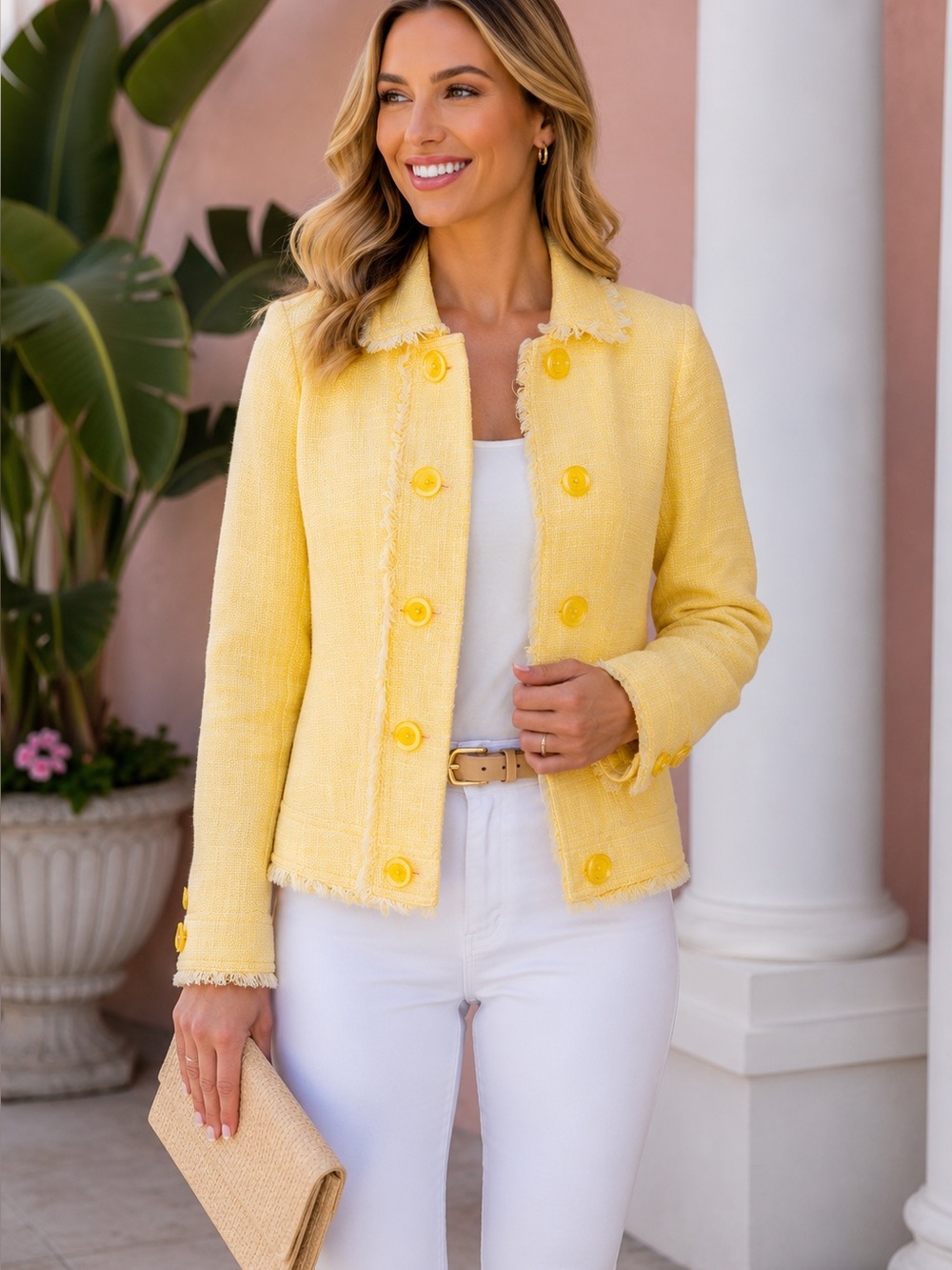 Worth New York Yellow Fringe Trim Textured Jacket 2 Made in USA Luxury Blazer